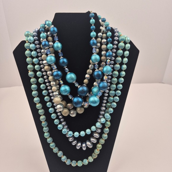 The Unbranded Brand Jewelry - Vtg Beaded Necklace Lot 5pc Blue Green Japan Marked Faux Pearl Velvet Layering